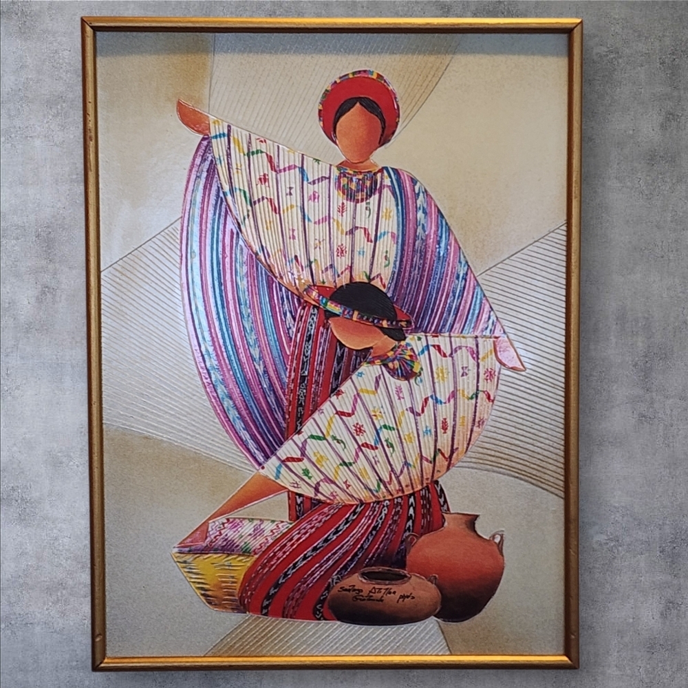 Signed Guatemala Folk Art Noppera-bo-Faceless Style Textured Glossy Colorful